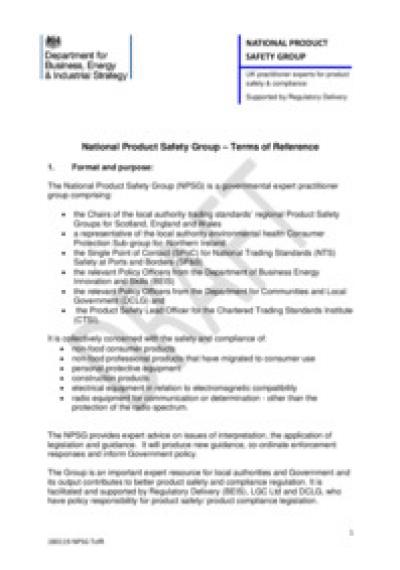 Terms of reference National Product Safety Group