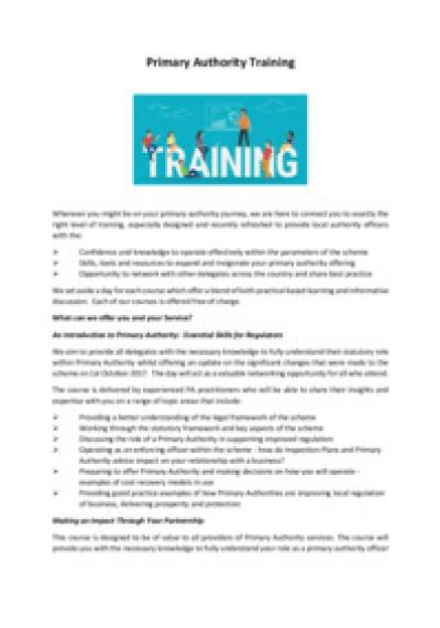 Primary Authority training information Primary Authority training information