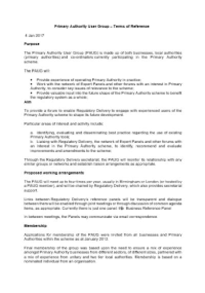 Primary Authority User Group – Terms of Reference Primary Authority User Group – Terms of Reference