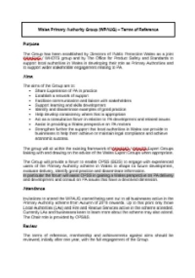 Wales Primary Authority Group (WPAUG) – Terms of Reference Wales Primary Authority Group (WPAUG) – Terms of Reference