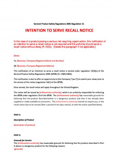 General Product Safety Regulations 2005 (GPSR) reg.15: intention to serve recall notice