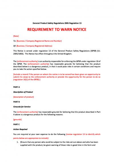 General Product Safety Regulations 2005 (GPSR) reg.13: requirement to warn