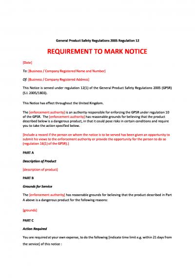 General Product Safety Regulations 2005 (GPSR) reg.12: requirement to mark
