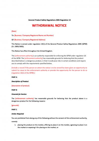 General Product Safety Regulations 2005 (GPSR) reg.14: withdrawal notice