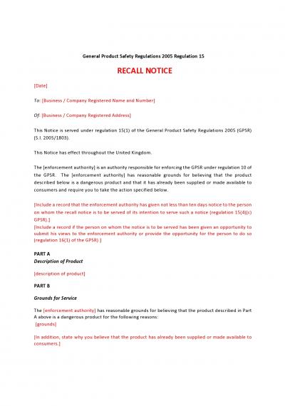 General Product Safety Regulations 2005 (GPSR) reg.15: recall notice