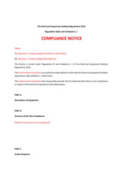 Electrical Equipment (Safety) Regulations 2016 reg.42: compliance notice