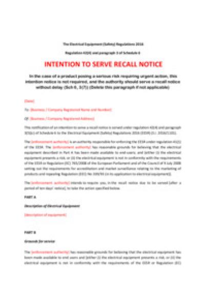 Electrical Equipment (Safety) Regulations 2016 reg.42: intention to serve recall notice