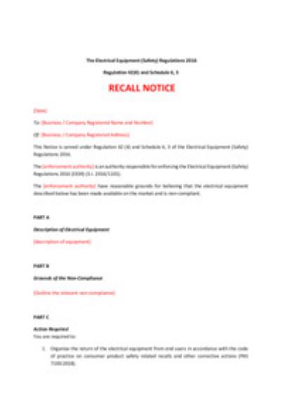 Electrical Equipment (Safety) Regulations 2016 reg.42: recall notice
