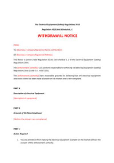 Electrical Equipment (Safety) Regulations 2016 reg.42: withdrawal notice