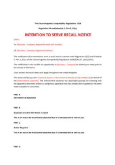 Electromagnetic Compatibility Regulations 2016 reg.54: intention to serve recall notice