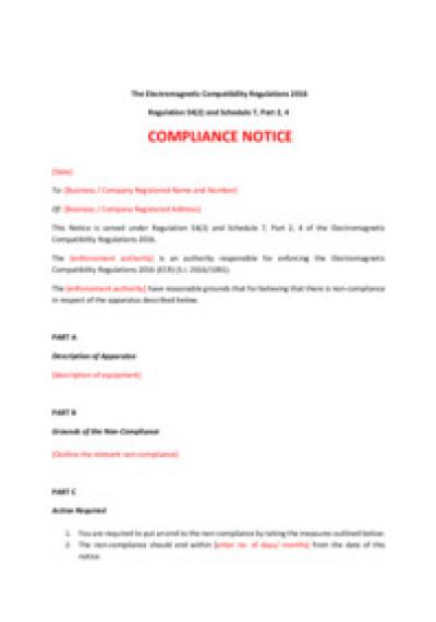 Electromagnetic Compatibility Regulations 2016 reg.54: compliance notice