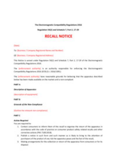 Electromagnetic Compatibility Regulations 2016 reg.54: recall notice