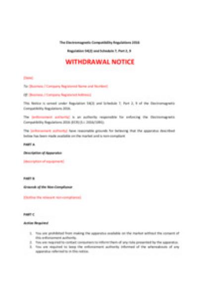 Electromagnetic Compatibility Regulations 2016 reg.54: withdrawal notice