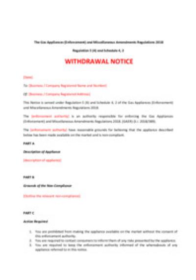 Gas Appliances (Enforcement) and Miscellaneous Amendments Regulations 2018 reg.5: withdrawal notice