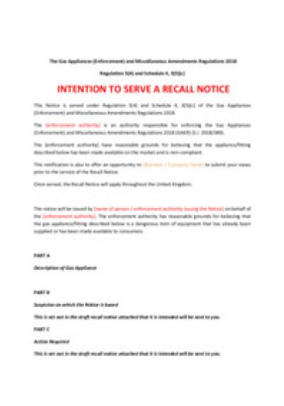 Gas Appliances (Enforcement) and Miscellaneous Amendments Regulations 2018 reg.5: intention to serve recall notice