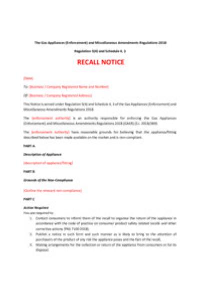 Gas Appliances (Enforcement) and Miscellaneous Amendments Regulations 2018 reg.5: recall notice