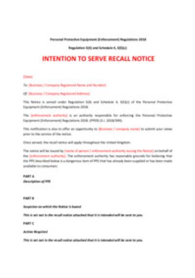 Personal Protective Equipment (Enforcement) Regulations 2018 reg.5: intention to serve recall notice