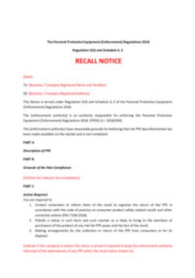 Personal Protective Equipment (Enforcement) Regulations 2018 reg.5: recall notice