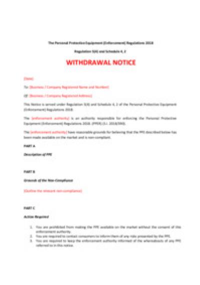 Personal Protective Equipment (Enforcement) Regulations 2018 reg.5: withdrawal notice
