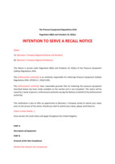 Pressure Equipment (Safety) Regulations 2016 reg.68: intention to serve recall notice