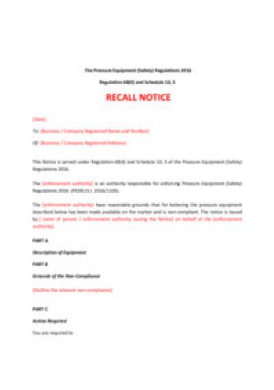 Pressure Equipment (Safety) Regulations 2016 reg.68: recall notice