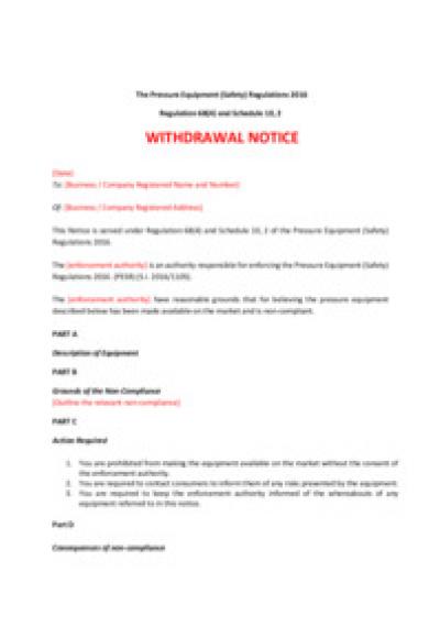 Pressure Equipment (Safety) Regulations 2016 reg.68: withdrawal notice