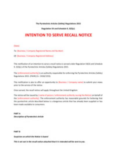 Pyrotechnic Articles (Safety) Regulations 2015 reg.54: intention to serve recall notice
