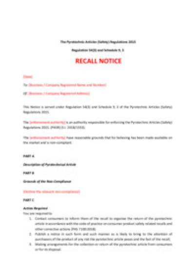 Pyrotechnic Articles (Safety) Regulations 2015 reg.54: recall notice