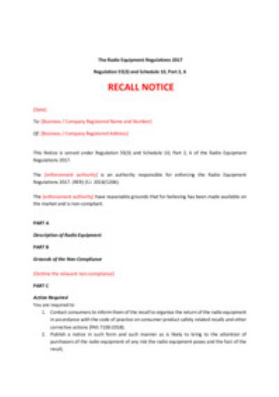 Radio Equipment Regulations 2017 reg.55: recall notice