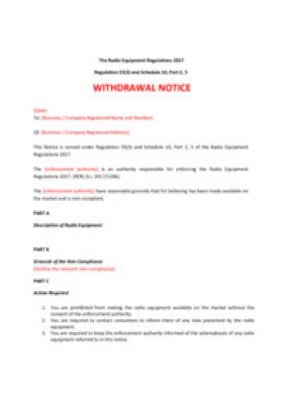 Radio Equipment Regulations 2017 reg.55: withdrawal notice