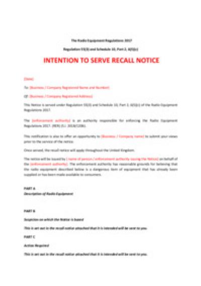 Radio Equipment Regulations 2017 reg.55: intention to serve recall notice