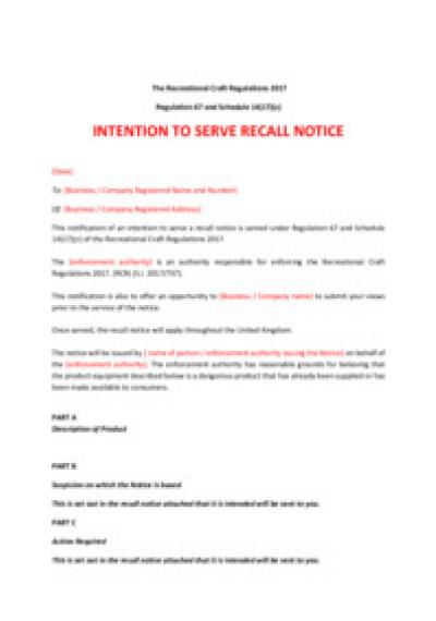 Recreational Craft Regulations 2017 reg.67: intention to serve recall notice