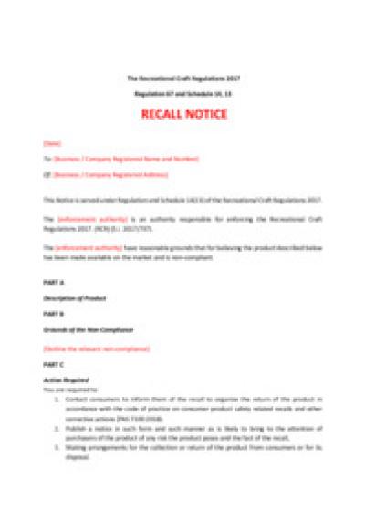 Recreational Craft Regulations 2017 reg.67: recall notice