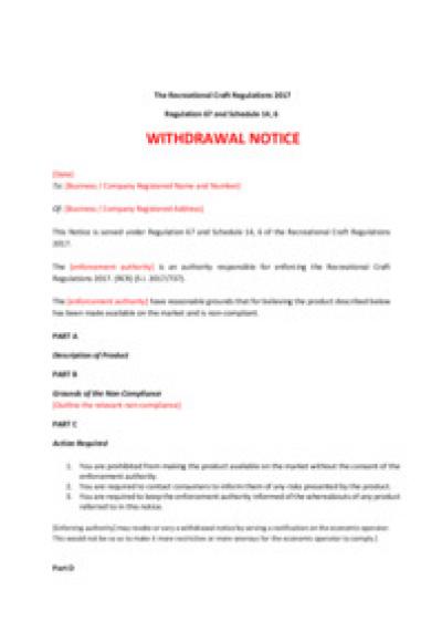 Recreational Craft Regulations 2017 reg.67: withdrawal notice