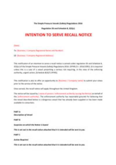 Simple Pressure Vessels (Safety) Regulations 2016 reg.56: intention to serve recall notice
