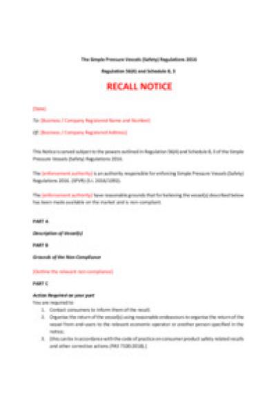Simple Pressure Vessels (Safety) Regulations 2016 reg.56: recall notice
