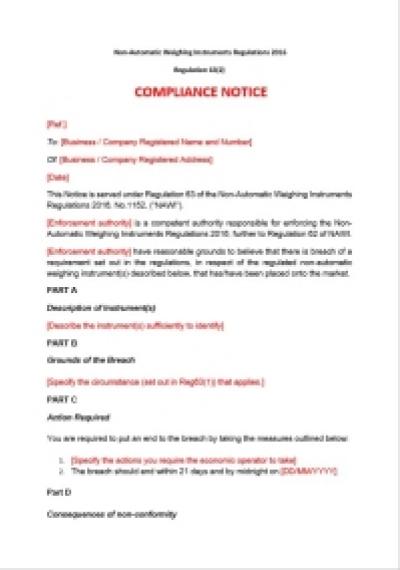 Non-Automatic Weighing Instruments Regulations 2016 reg.63: compliance notice