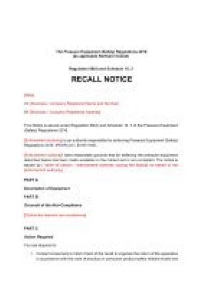 Pressure Equipment (Safety) Regulations 2016 reg.68: NI recall notice