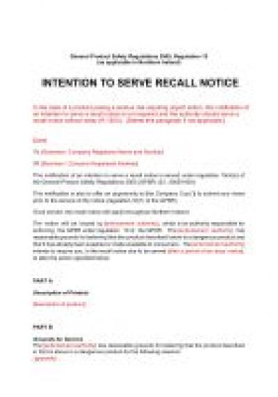 General Product Safety Regulations 2005 (GPSR) reg.15: NI intention to serve recall notice