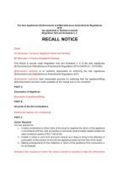 Gas Appliances (Enforcement) and Miscellaneous Amendments Regulations 2018 reg.5: NI recall notice