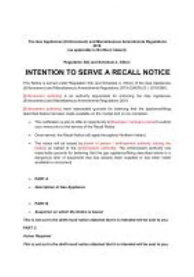 Gas Appliances (Enforcement) and Miscellaneous Amendments Regulations 2018 reg.5: NI intention to serve recall notice