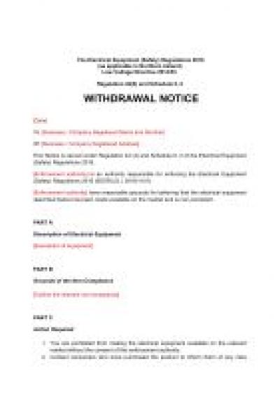 Electrical Equipment (Safety) Regulations 2016 reg.42: NI withdrawal notice