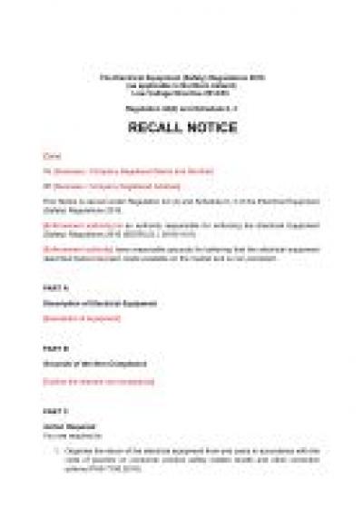 Electrical Equipment (Safety) Regulations 2016 reg.42: NI recall notice