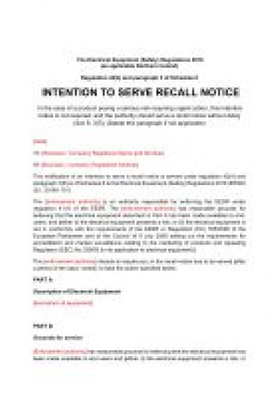 Electrical Equipment (Safety) Regulations 2016 reg.42: NI intention to serve recall notice