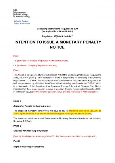 Measuring Instruments Regulations 2016 reg.33: NI intention to serve a monetary penalty