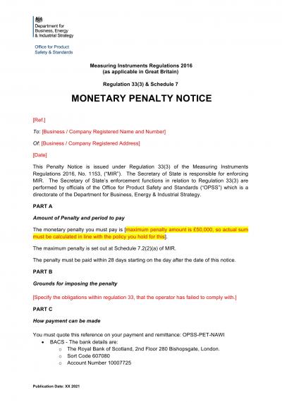 Measuring Instruments Regulations 2016 reg.33: NI monetary penalty notice
