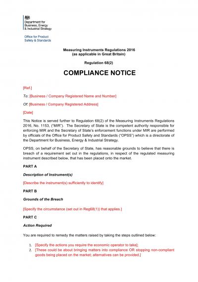 Measuring Instruments Regulations 2016 reg.68: NI OPSS compliance notice