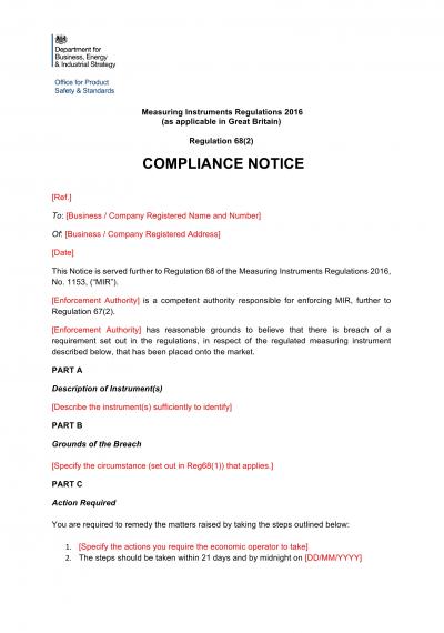 Measuring Instruments Regulations 2016 reg.68: NI TS compliance notice