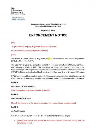 Measuring Instruments Regulations 2016 reg.69: NI enforcement notice