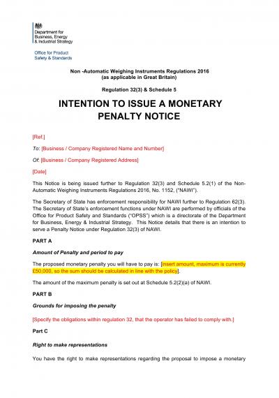 Non-Automatic Weighing Instruments Regulations 2016 reg.32: NI intention to serve a monetary penalty notice